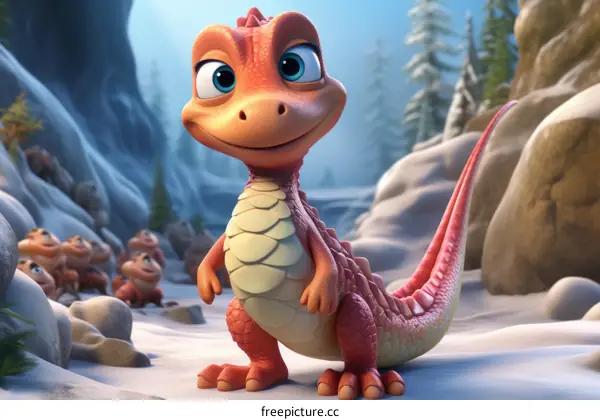 Cute Cartoon Dinosaur in a Snowy Landscape