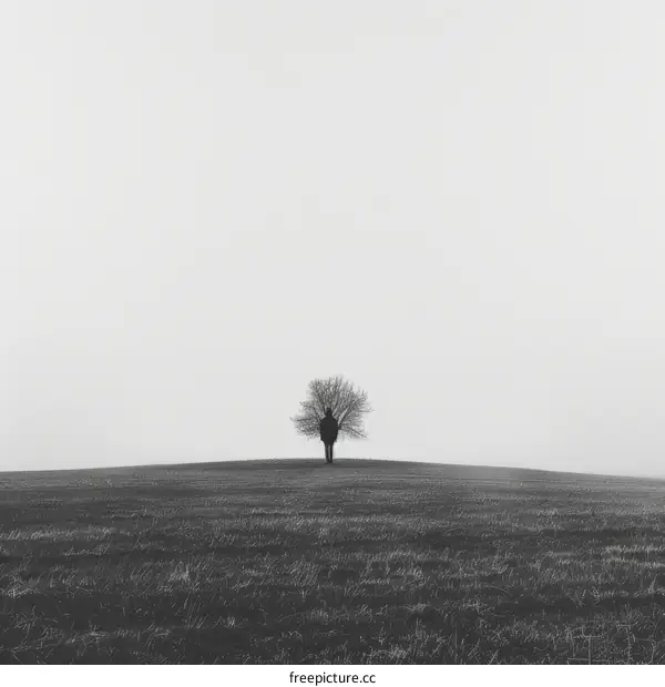 Man standing alone in a field with a tree in the background