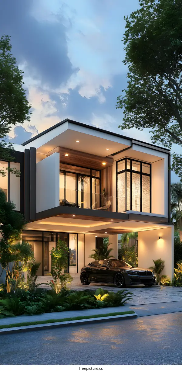 Modern House Exterior Design with Car and Landscaping