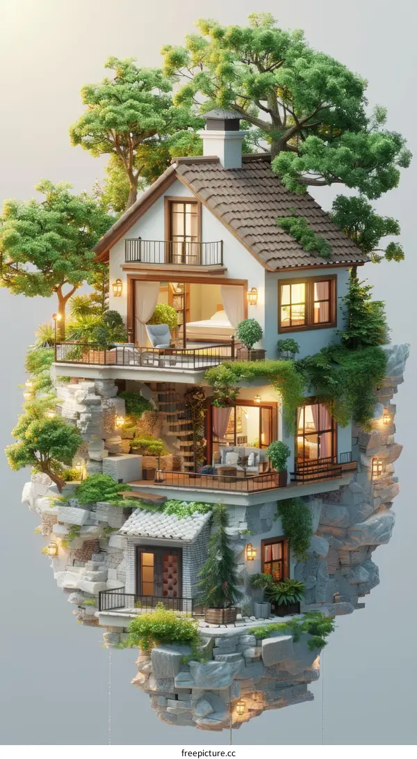 A Floating House with Trees and a Garden on a Rock