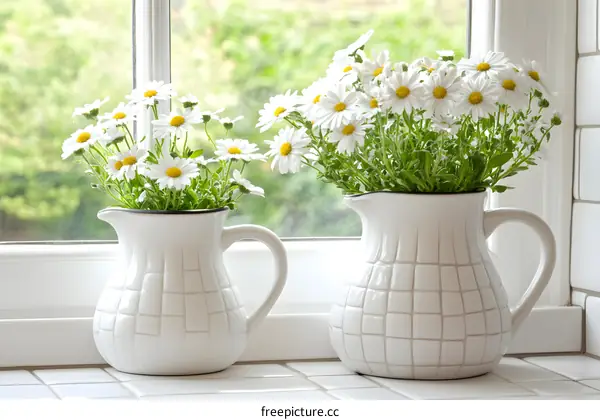White Ceramic Pitchers with Daisies by Window