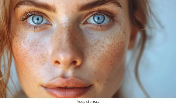 Close-up portrait of a young caucasian woman with freckles and blue eyes