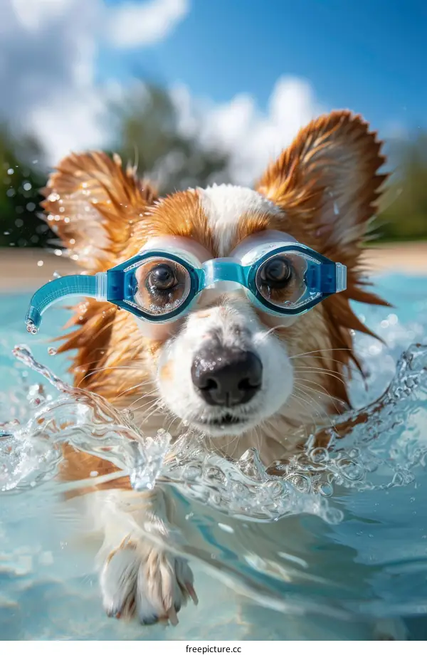 A cute dog wearing swimming goggles is swimming in the water