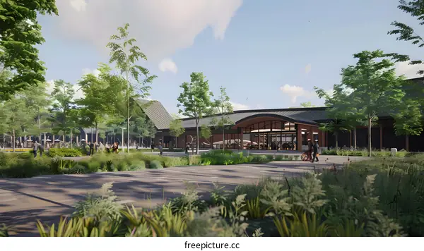 Modern Building Design with Green Trees and People Walking