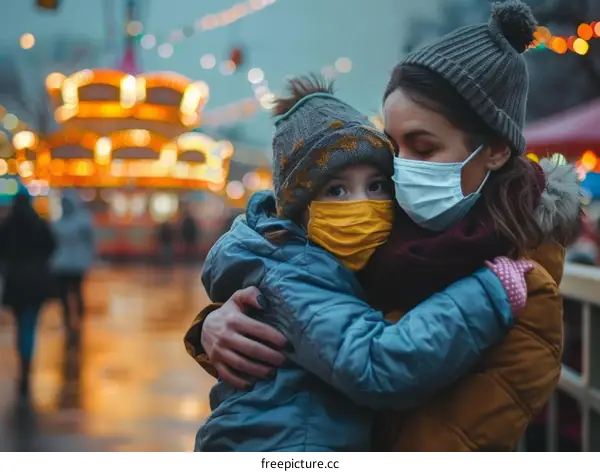 Mother and child wearing protective face masks outdoors during COVID-19 pandemic