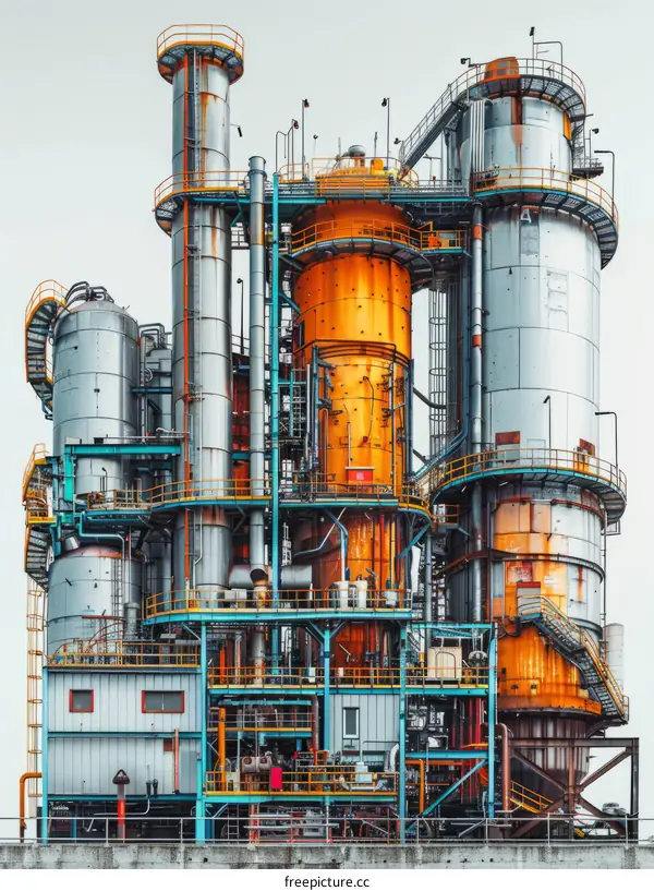 A photo of an industrial chemical plant with many pipes and structures.
