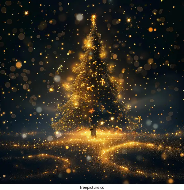 Sparkling Golden Christmas Tree with Festive Lights