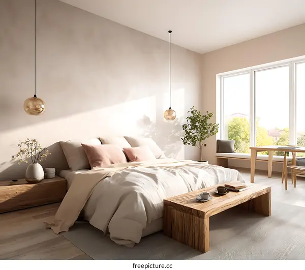 Modern Beige Bedroom Interior Design with Wooden Furniture