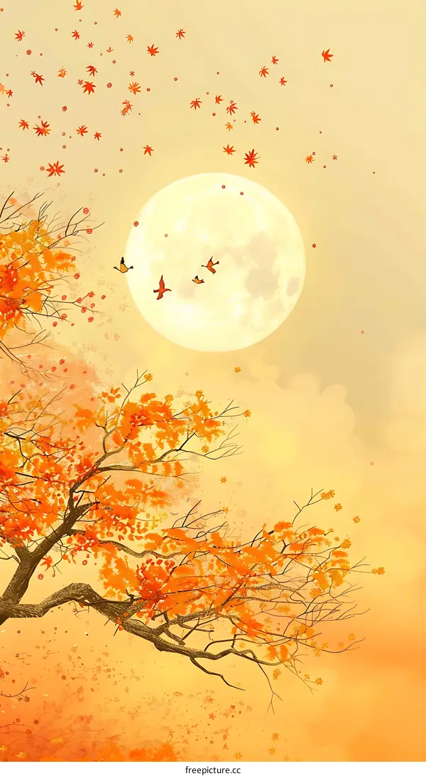 Autumn Landscape with Full Moon and Birds