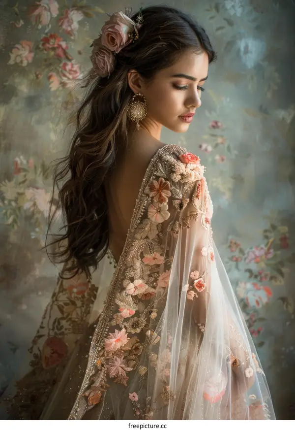 Indian bride wearing a heavily embroidered wedding dress with floral motifs