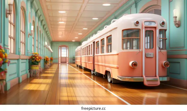 A pink and green retro train station with a long pink train