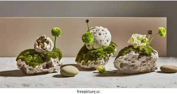 White Stones with Moss and Flowers