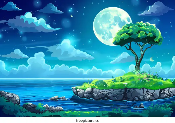 Night Sky Illustration with a Tree on a Small Island