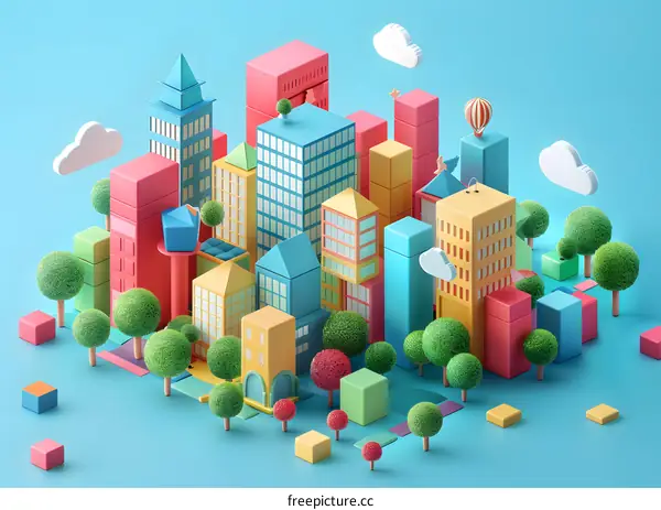A 3D illustration of a colorful city with trees and buildings