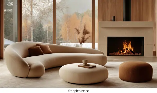 Modern Living Room with Curved Sofa and Fireplace