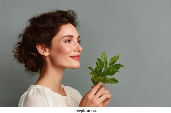 Woman Holding Fresh Leaves Profile Portrait