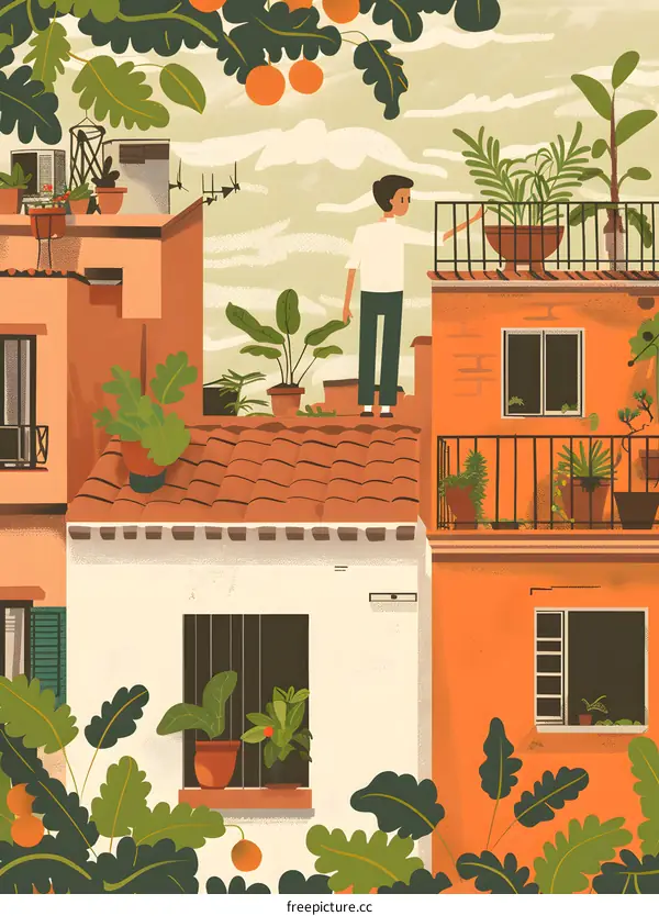 Man Looking Over Rooftops With Greenery
