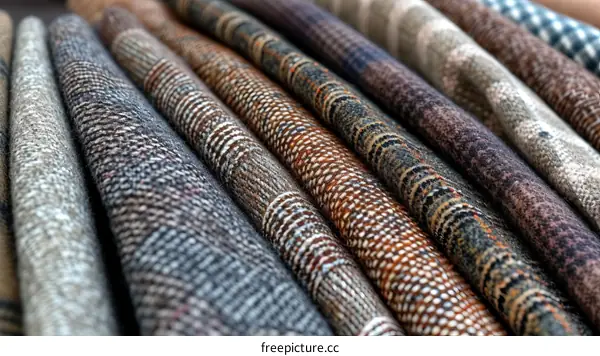 A variety of colorful woolen fabrics are on display at a market.