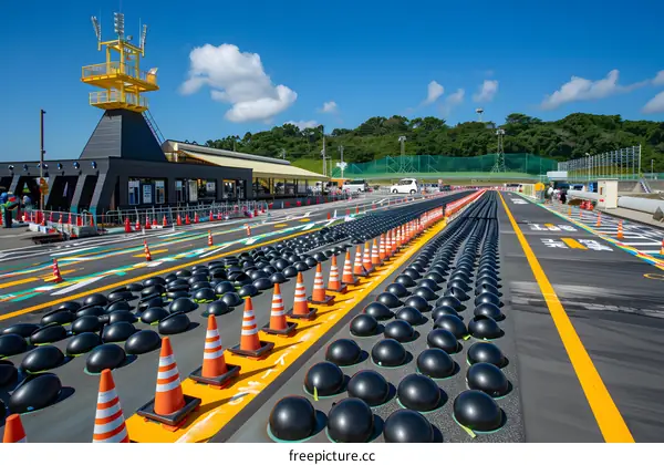 Road Safety Installation With Black Rubber Balls And Orange Cones