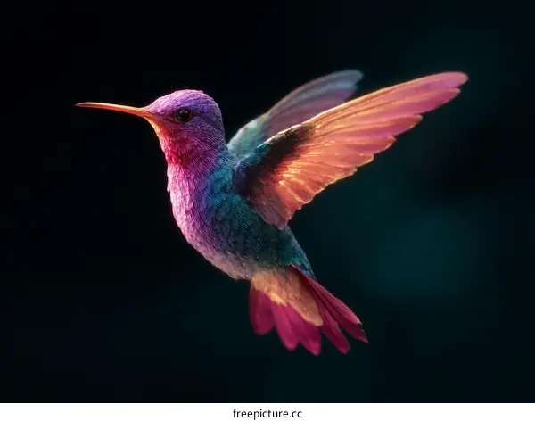Colorful Hummingbird in Flight Against a Dark Background