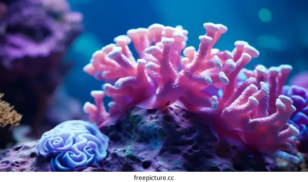 Underwater close up of a pink and blue coral reef