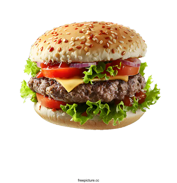 [Transparent Background PNG]A delicious-looking burger with sesame seed bun, cheese, tomato, onion, and lettuce.