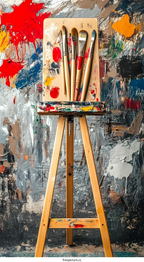 Wooden Easel With Paint Brushes And Palette Against A Colorful Background
