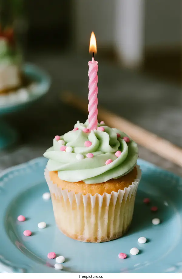 Delicious cupcake with green frosting and pink sprinkles, single lit candle