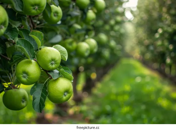 A lush green apple orchard with ripe apples hanging from the branches