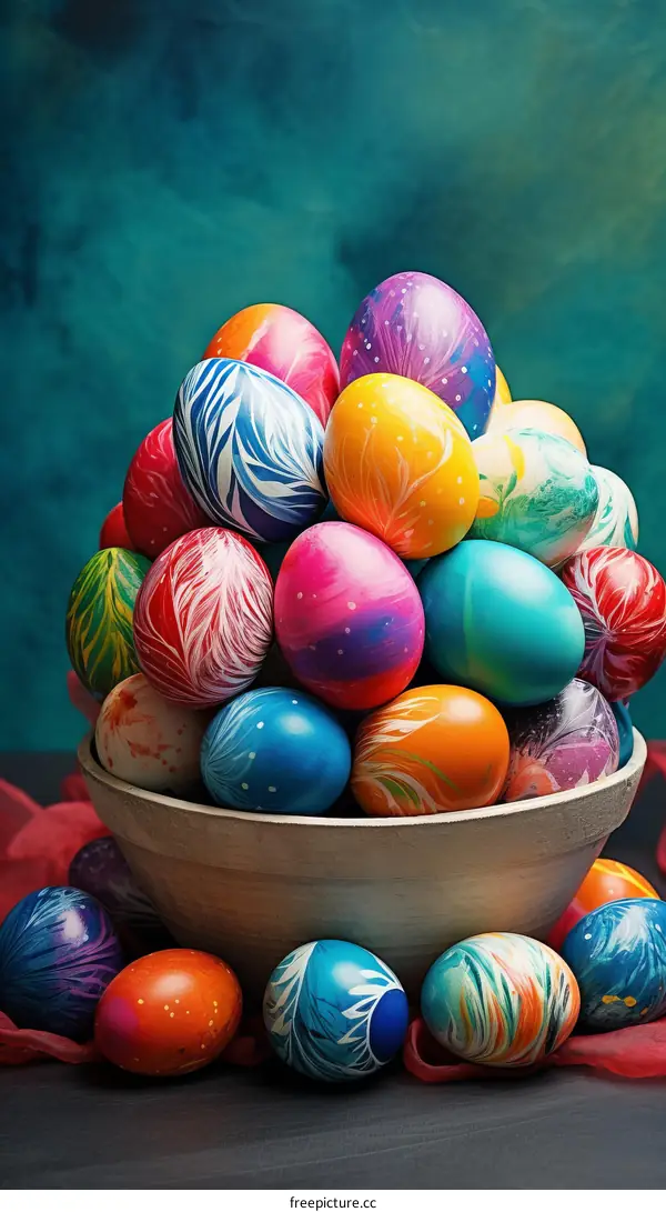 A wooden bowl filled with colorful Easter eggs