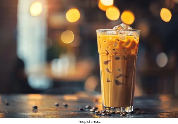 Iced coffee in a tall glass with ice cubes and coffee beans on the table