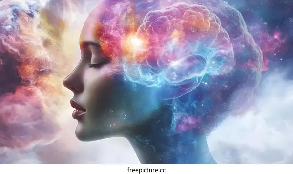 Cosmic Mind Abstract Art Illustration with Woman Silhouette