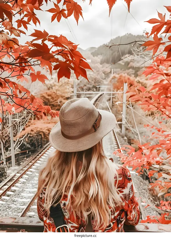 Woman in Hat Looking at Train Tracks in Autumn