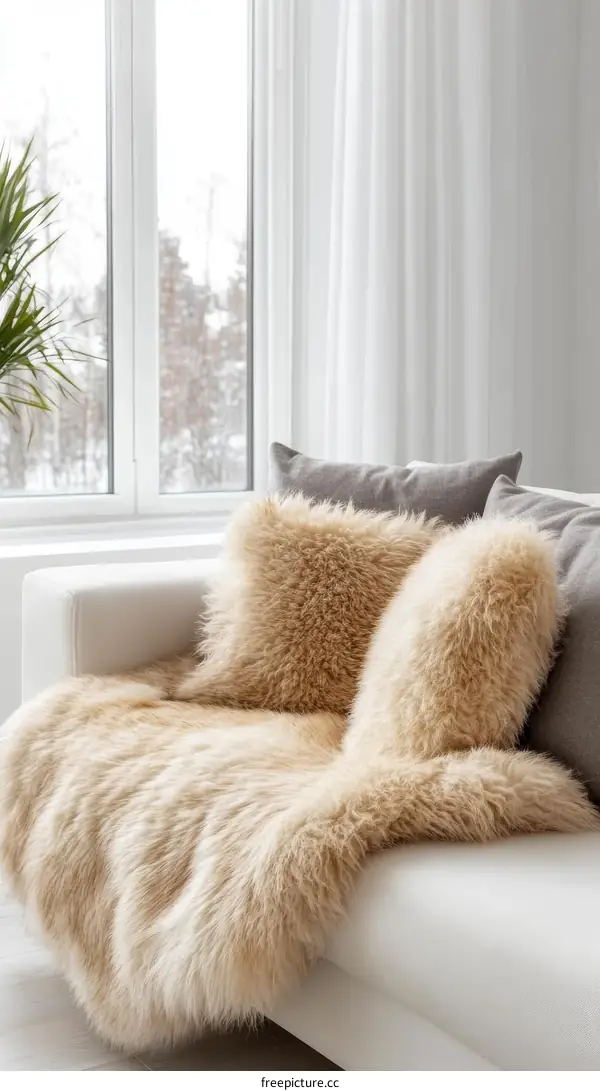 Cozy Beige Faux Fur Throw on a Modern Sofa