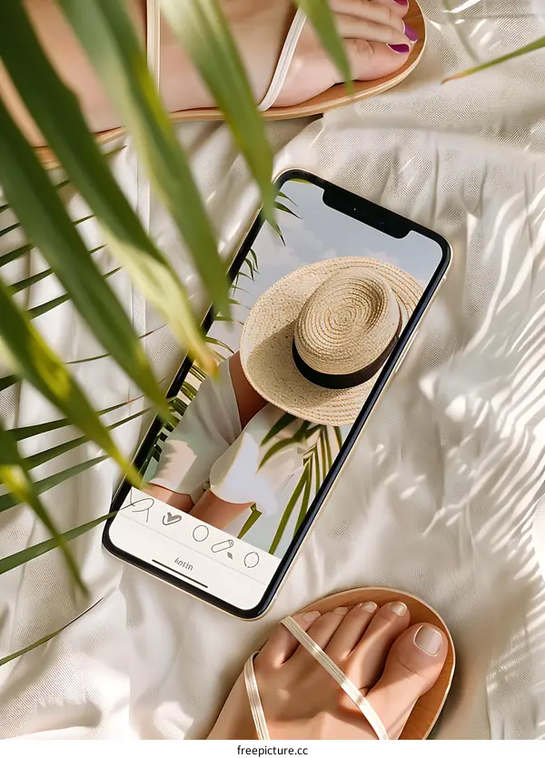 Closeup of a Phone Displaying a Woman Wearing a Straw Hat