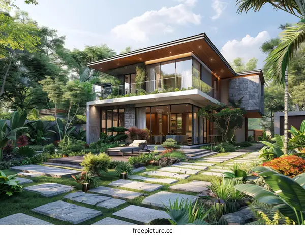 The house is surrounded by greenery