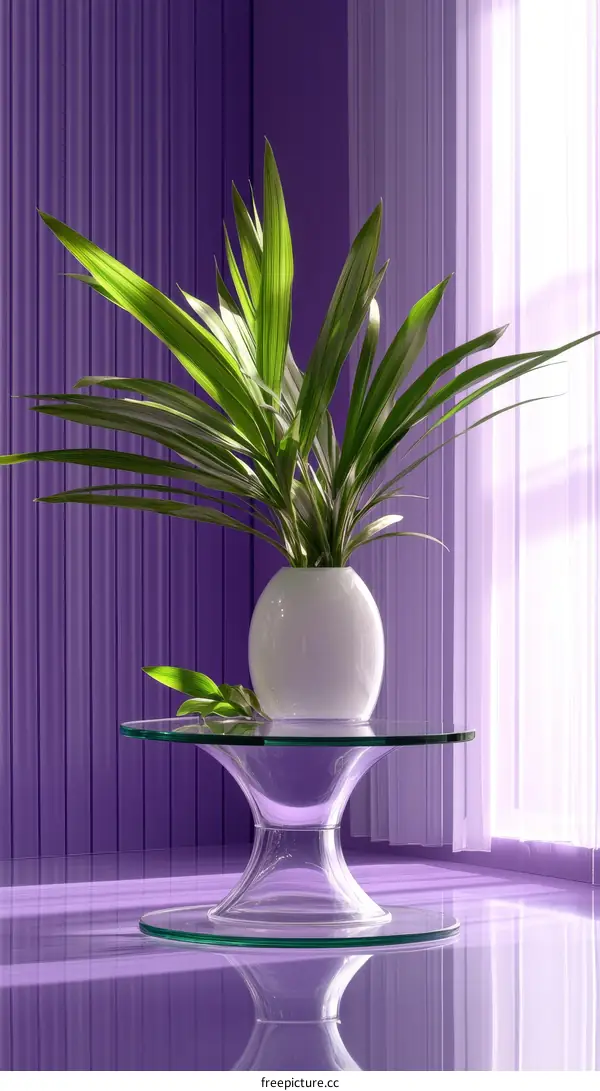 Modern Purple Room Interior with Glass Table and Plant