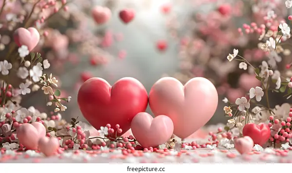 Pink love hearts with flowers background