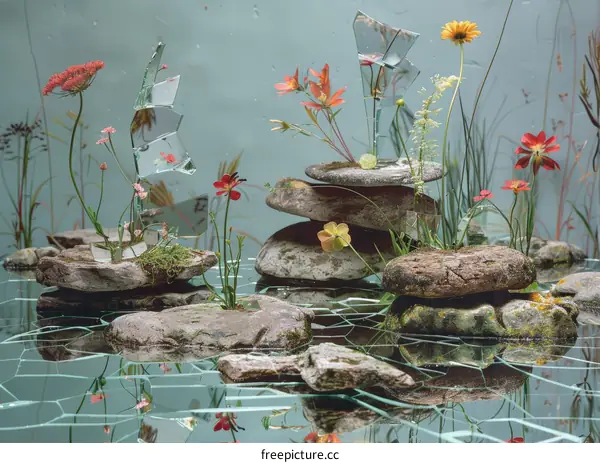 Still life with mirror and stones