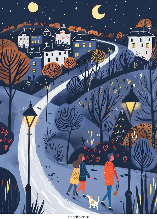 Couple Walking Under the Night Sky in a Small Town