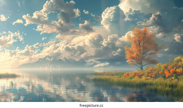 Autumnal Lakeside Scenery with Majestic Clouds