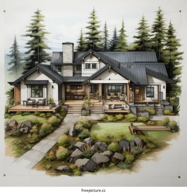 Modern Farmhouse Exterior Design with Walkway and Landscaping