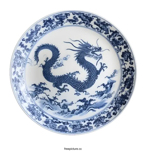 [Transparent Background PNG]Blue and White Porcelain Plate with Dragon Design