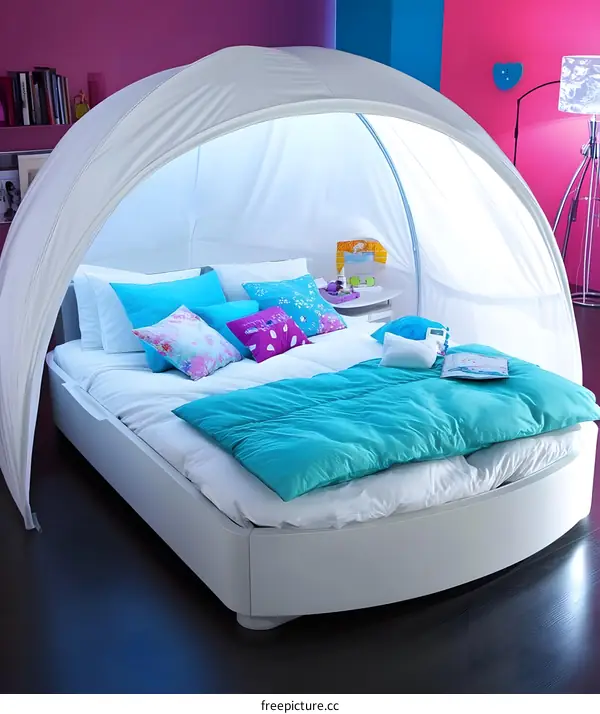 Modern White Canopy Bed with Blue Pillows and Duvet