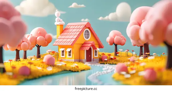 Cute Cartoon House with Pink Trees in a Spring Landscape