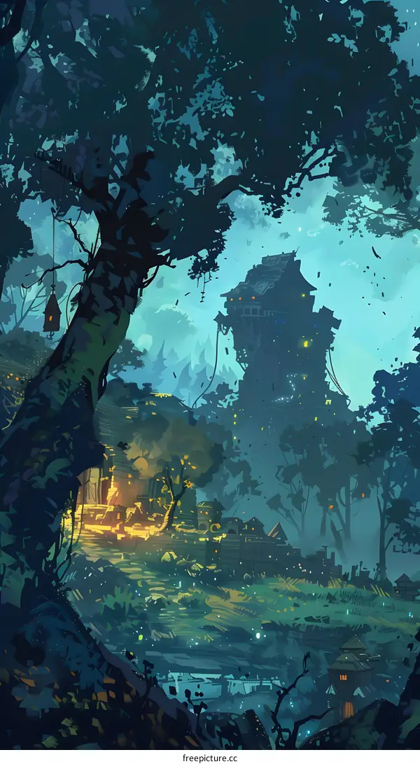 Fantasy Illustration of a Nighttime Forest with a Tall Tower