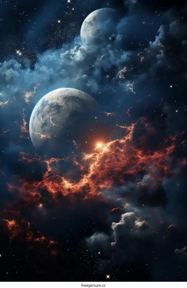 Two Moons and a Red Nebula in the Starry Sky