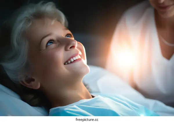 Young girl smiling with doctor in the background
