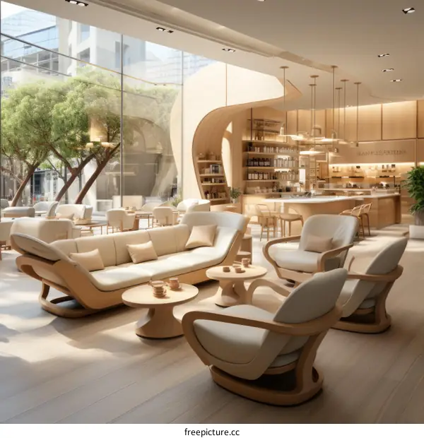Luxury Hotel Lobby Interior with Curved Wood Furniture