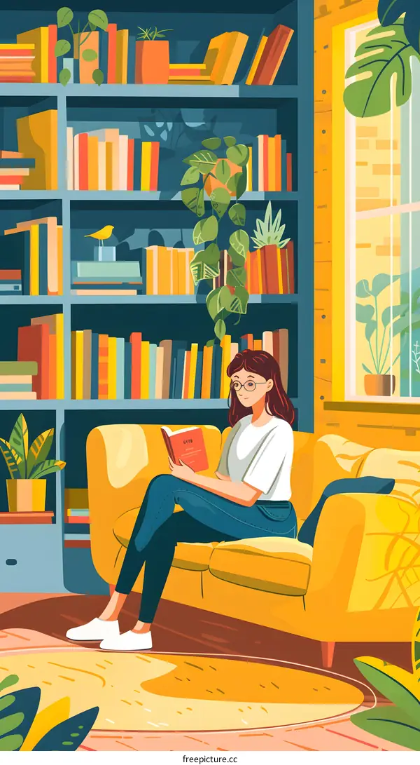 Woman Reading Book in Cozy Living Room Illustration